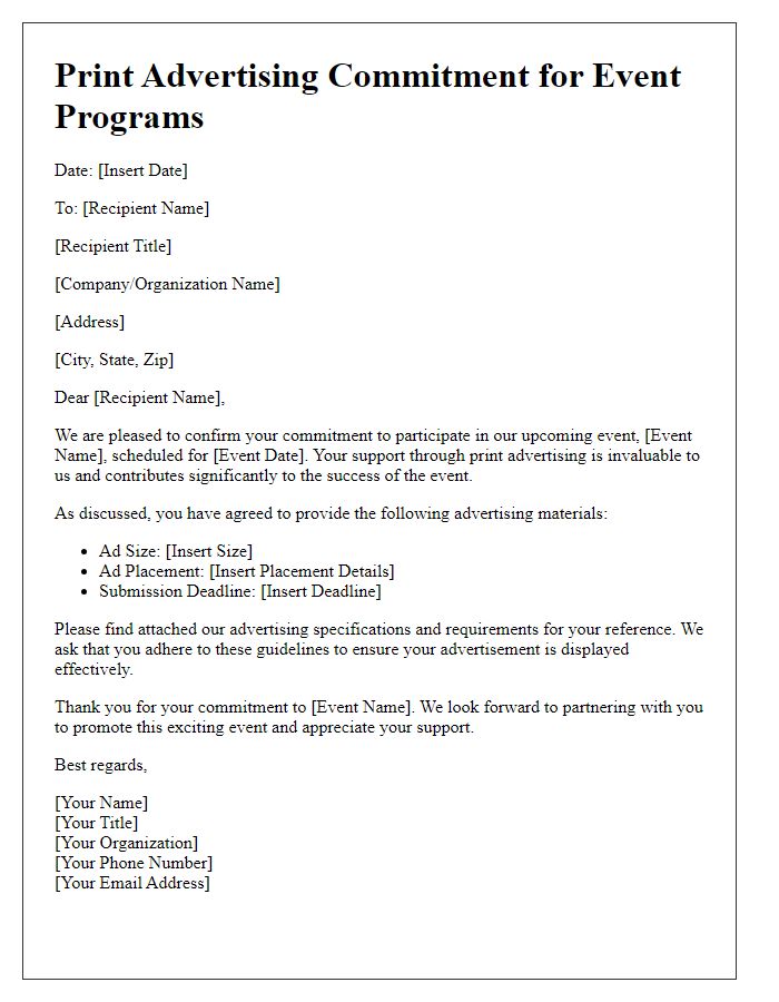 Letter template of print advertising commitment for event programs