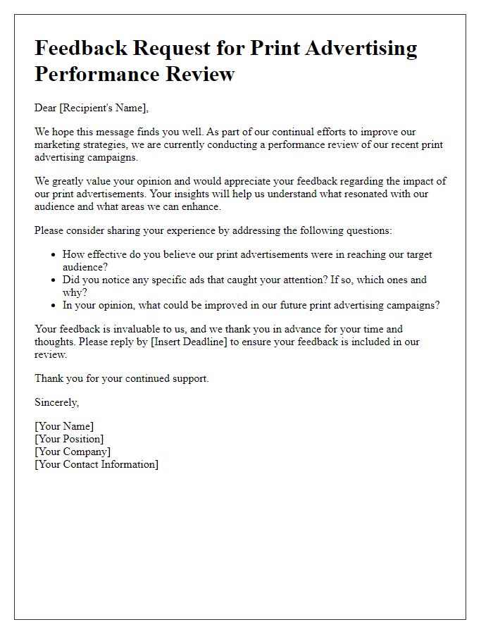 Letter template of print advertising feedback request for performance review