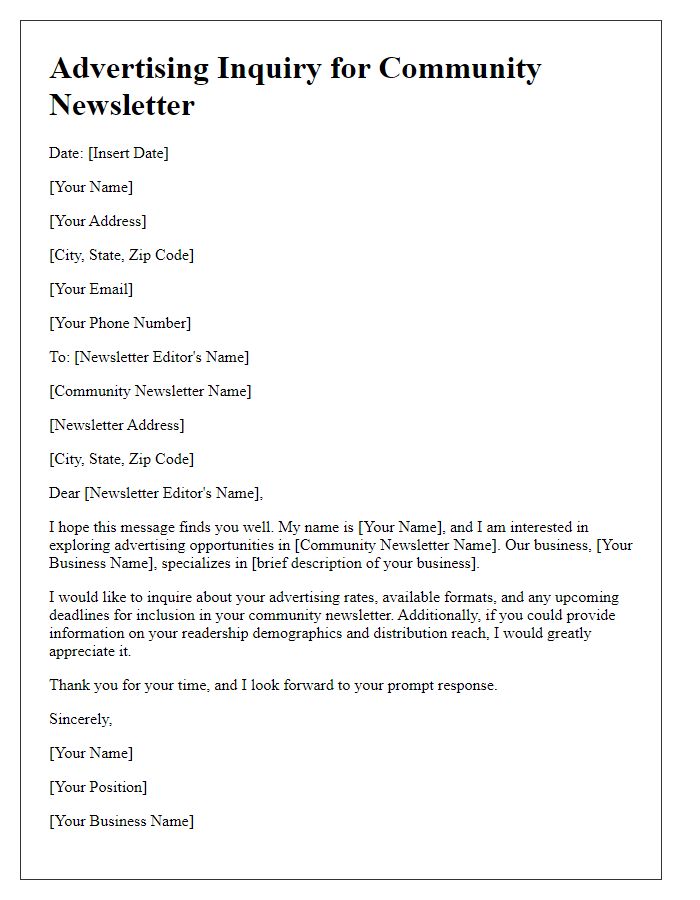 Letter template of print advertising inquiry for community newsletters