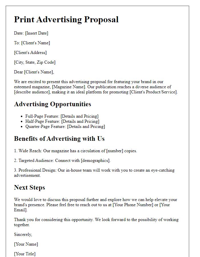 Letter template of print advertising proposal for magazine features