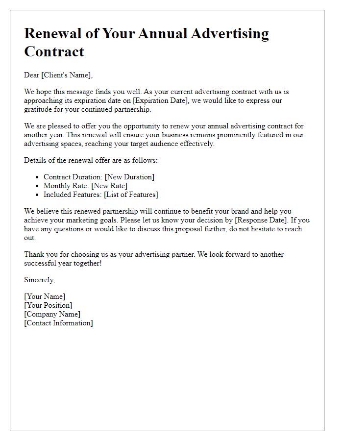 Letter template of print advertising renewal for annual contracts