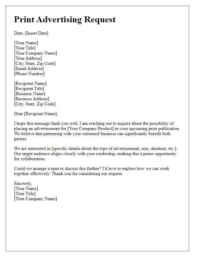 Letter template of print advertising request for local businesses