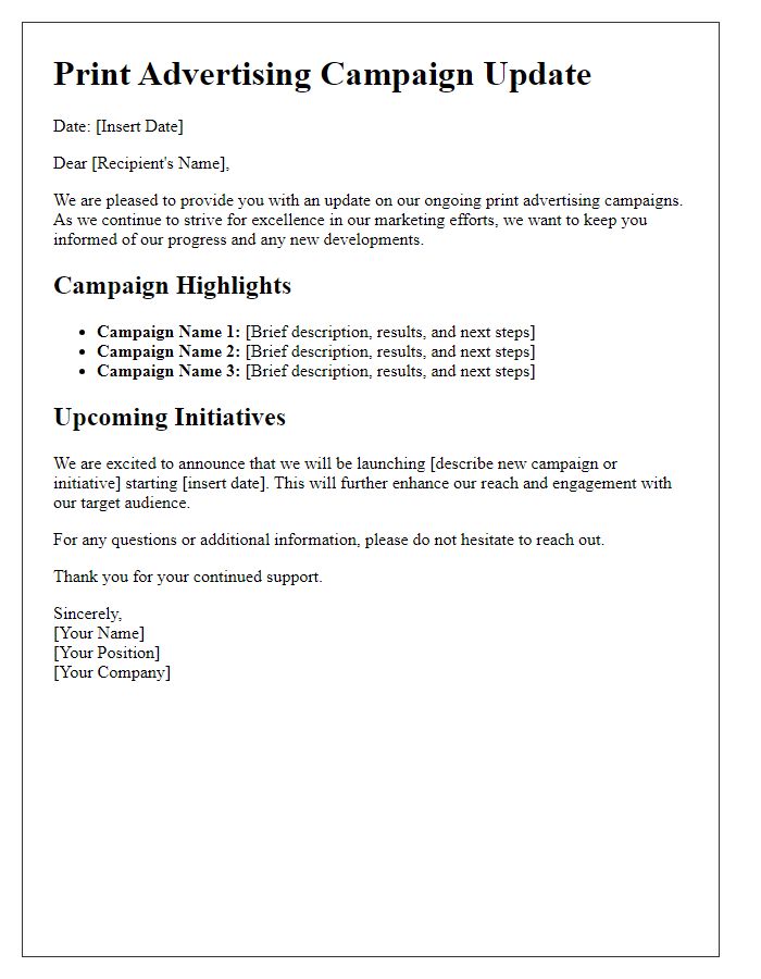 Letter template of print advertising update for ongoing campaigns