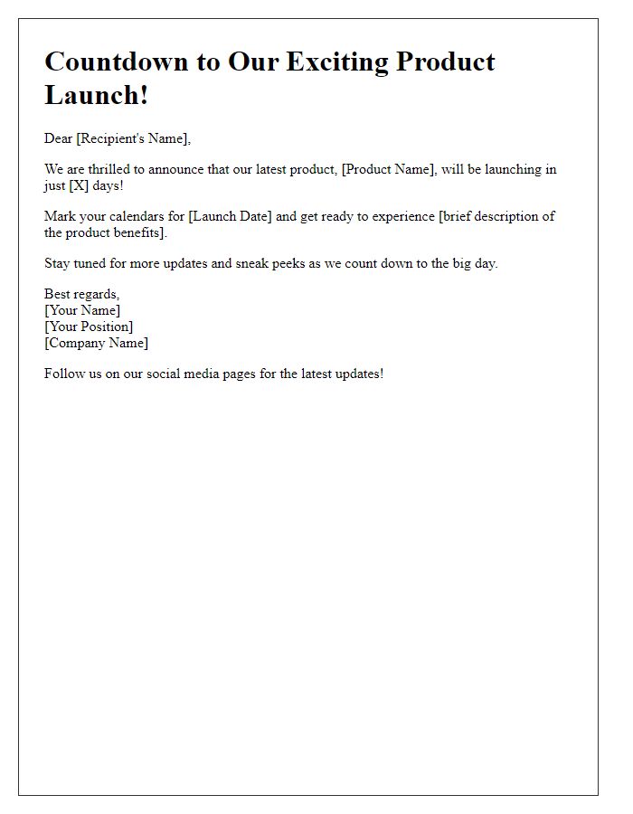 Letter template of countdown notice for an online product launch.