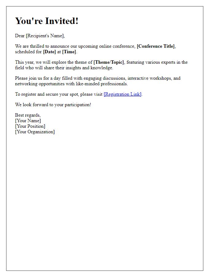 Letter template of engagement announcement for an online conference.
