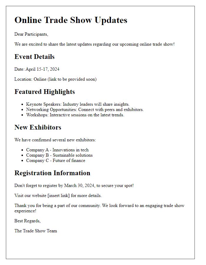 Letter template of highlight updates for an online trade show.