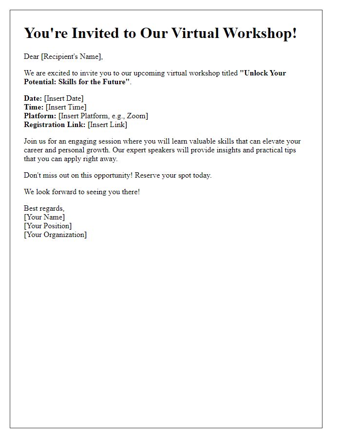 Letter template of promotional invitation for a virtual workshop.