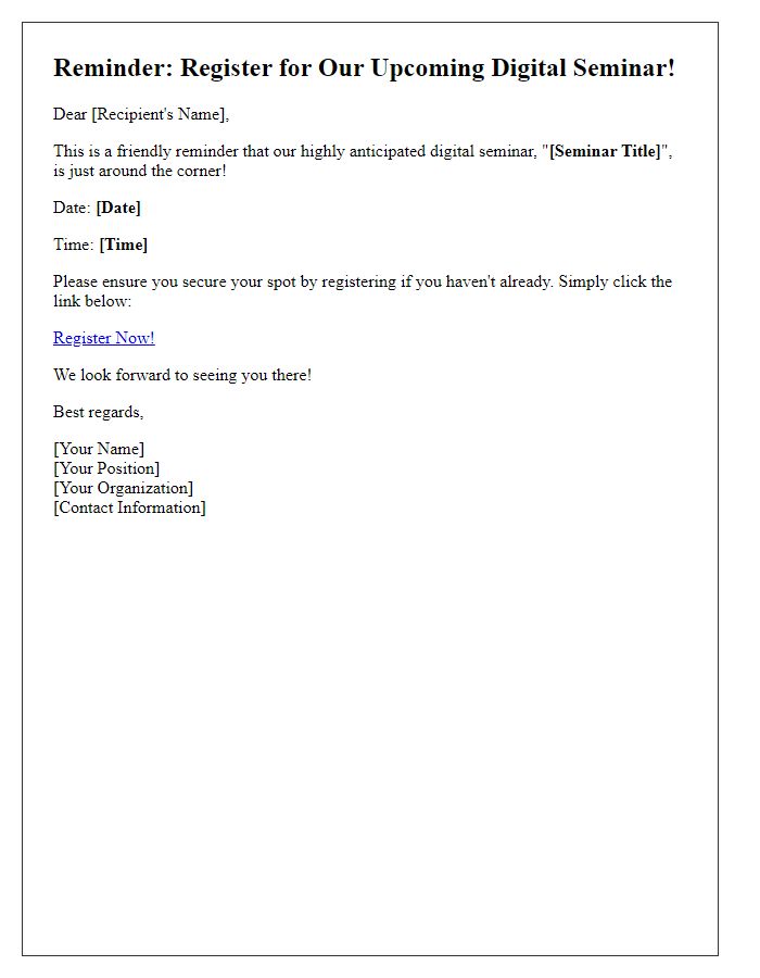 Letter template of reminder for a digital seminar registration.