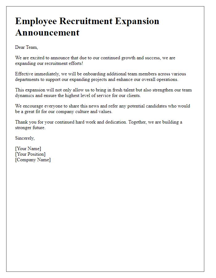 Letter template of employee recruitment expansion announcement