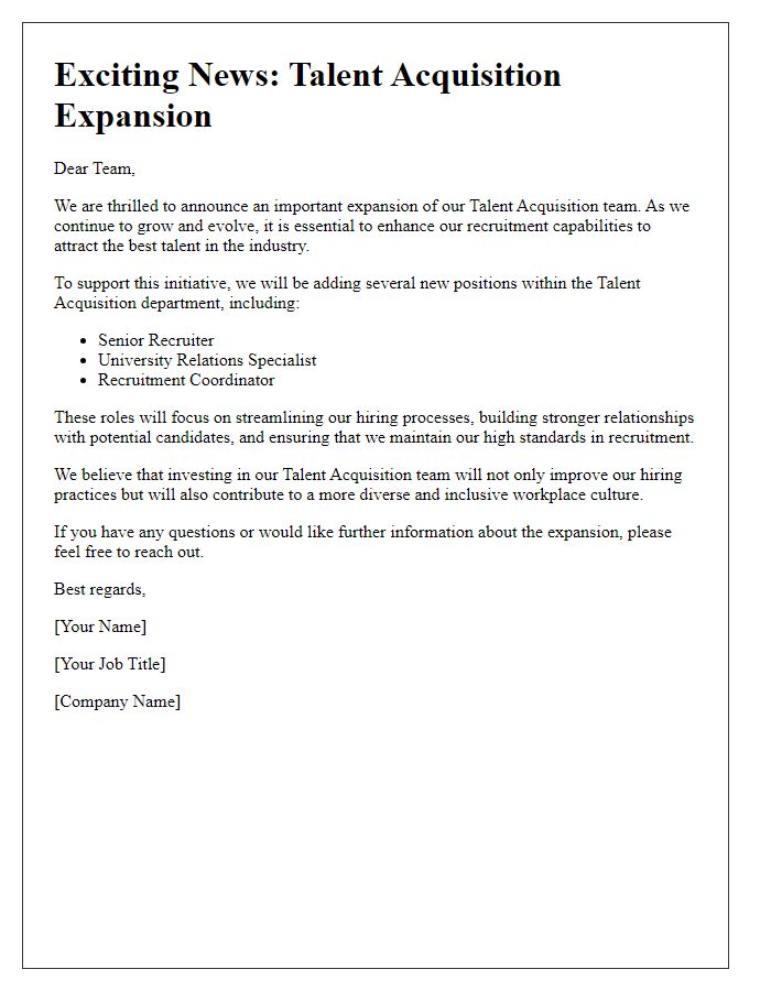 Letter template of talent acquisition expansion announcement