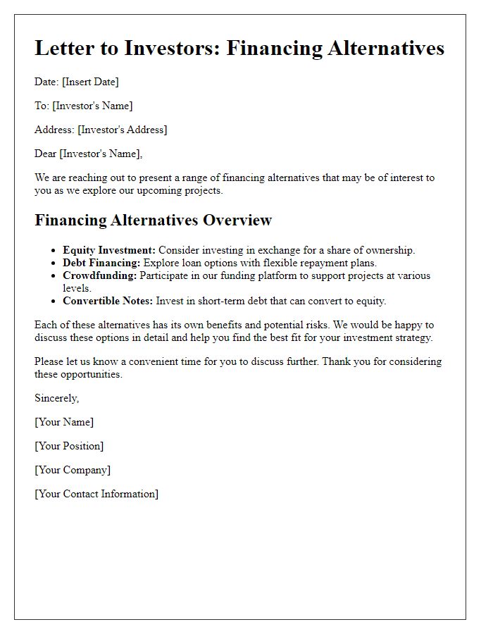 Letter template of financing alternatives for investors