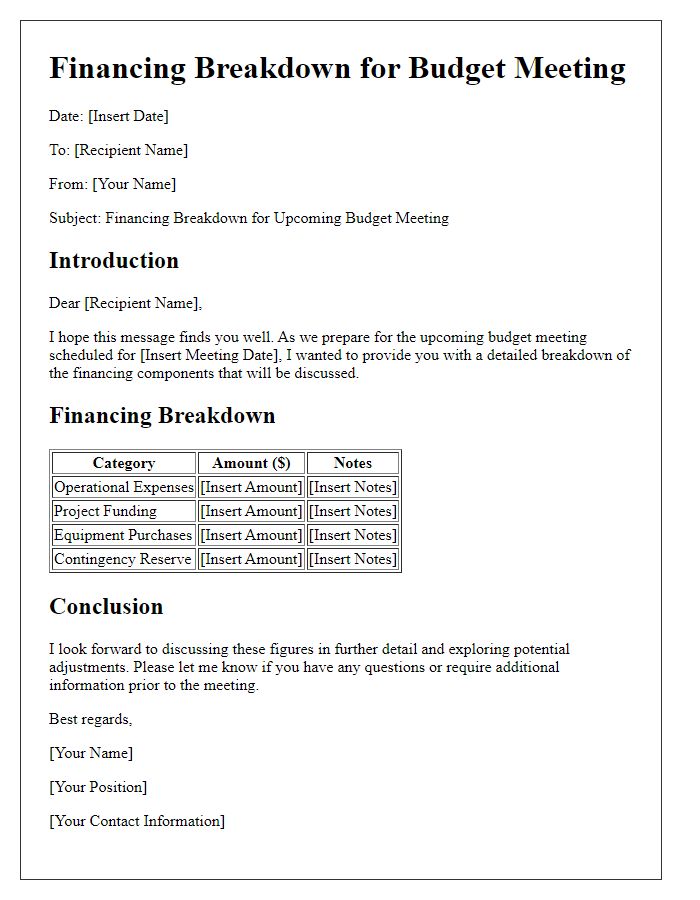 Letter template of financing breakdown for budget meetings