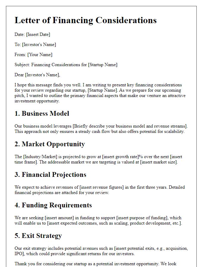 Letter template of financing considerations for startup pitches