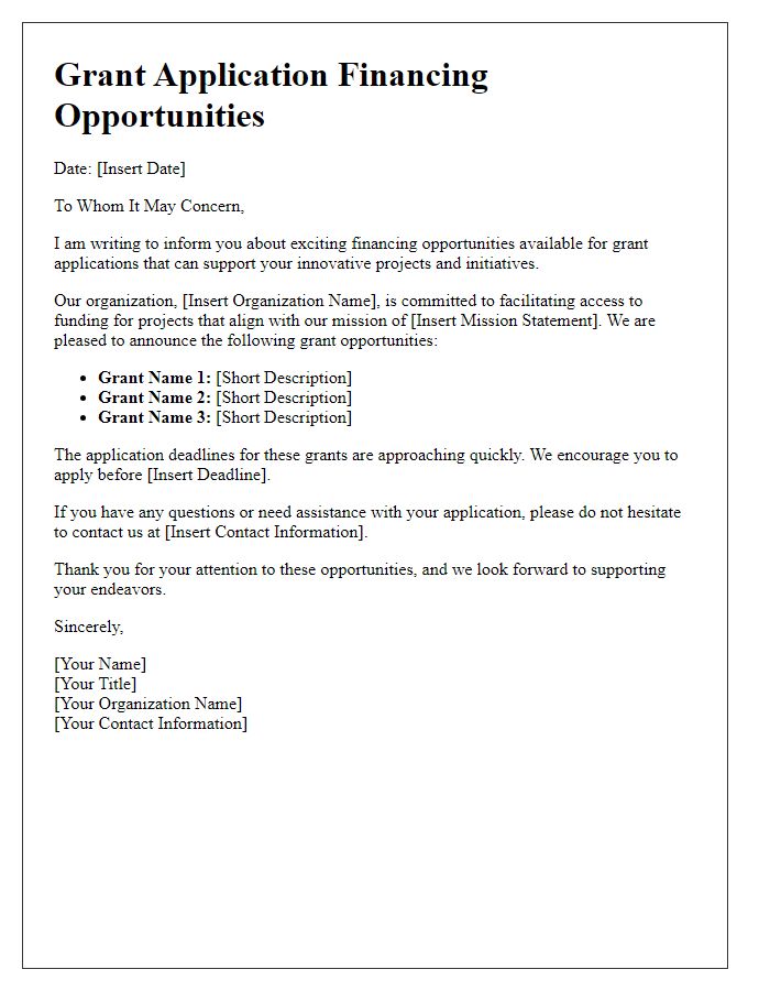 Letter template of financing opportunities for grant applications