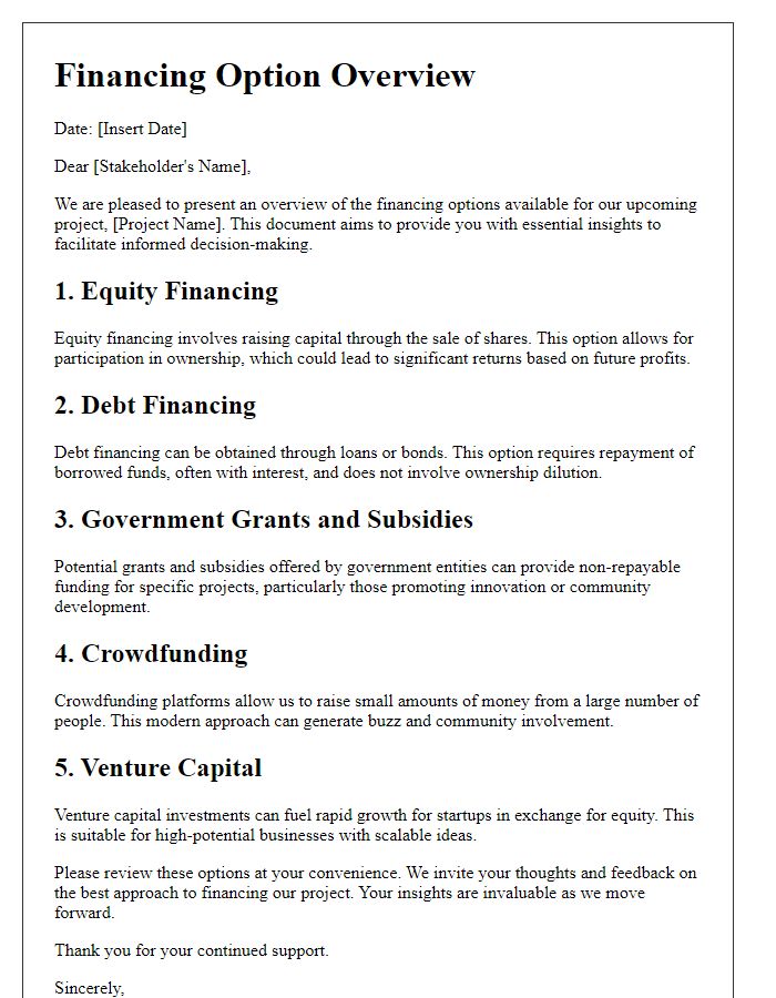 Letter template of financing option overview for stakeholders