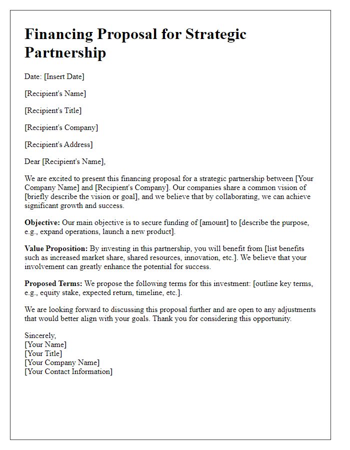 Letter template of financing proposal for strategic partners