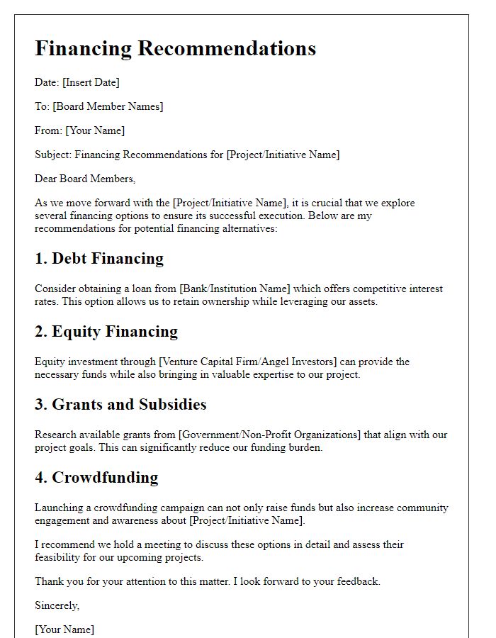 Letter template of financing recommendations for board members