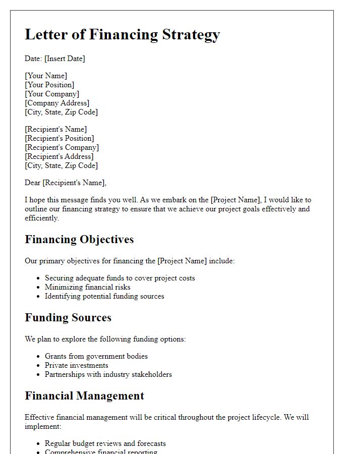 Letter template of financing strategy for project managers