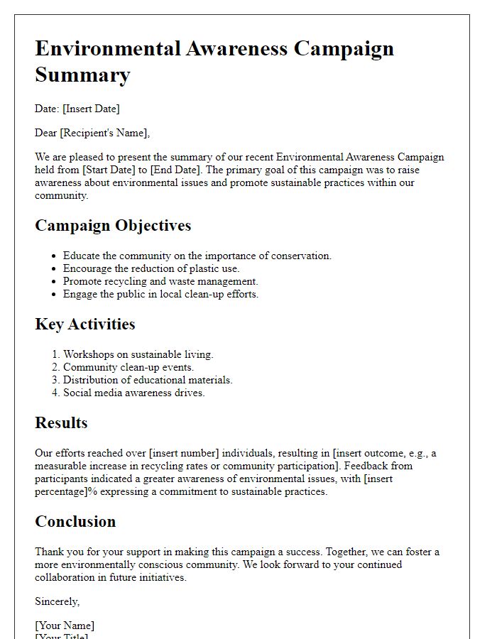 Letter template of environmental awareness campaign summary