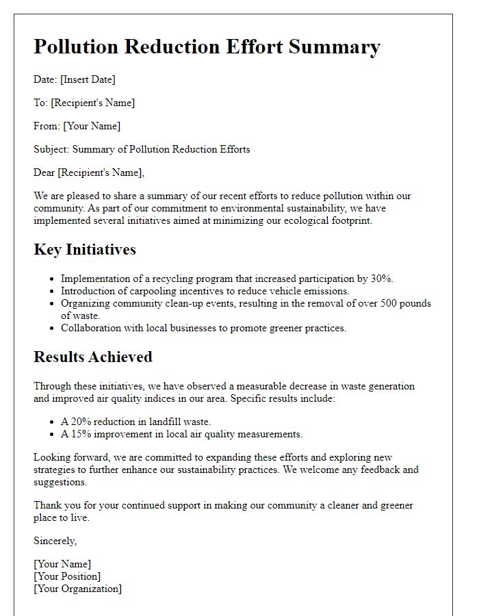 Letter template of pollution reduction effort summary