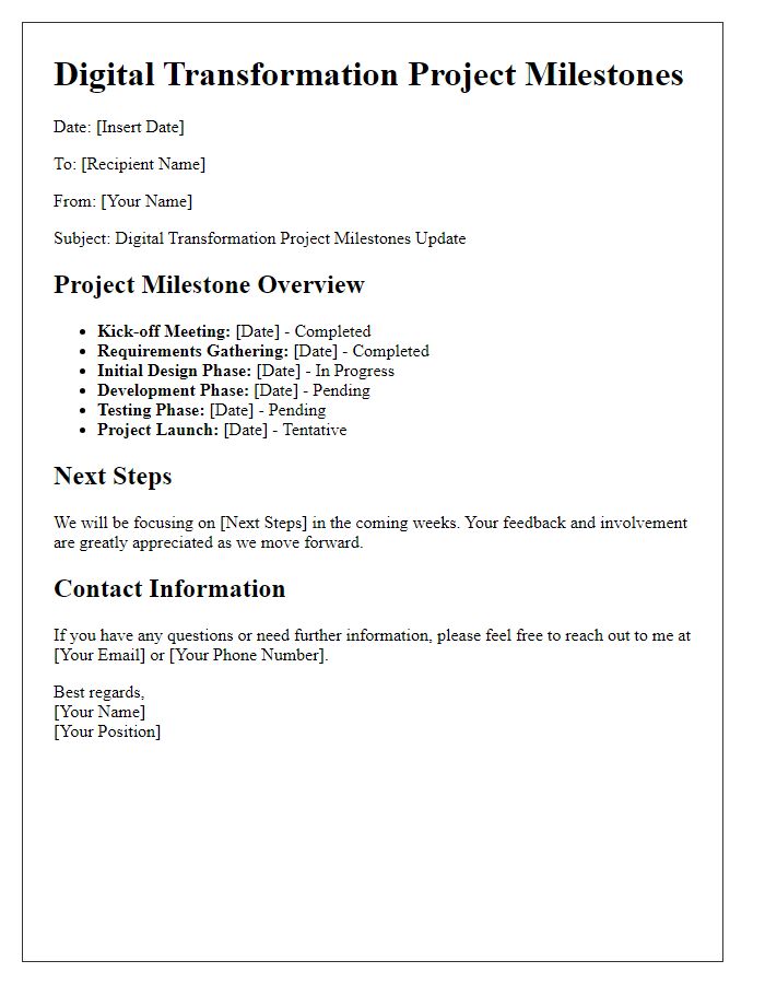 Letter template of digital transformation project milestones