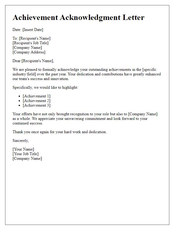 Letter template of achievement acknowledgment in industry