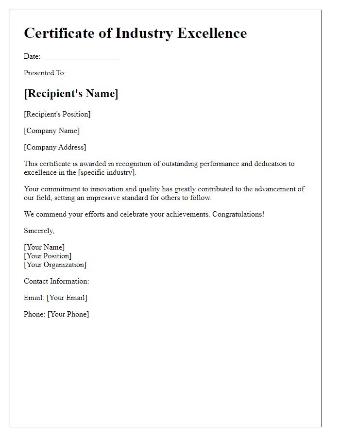 Letter template of certificate presentation for industry excellence