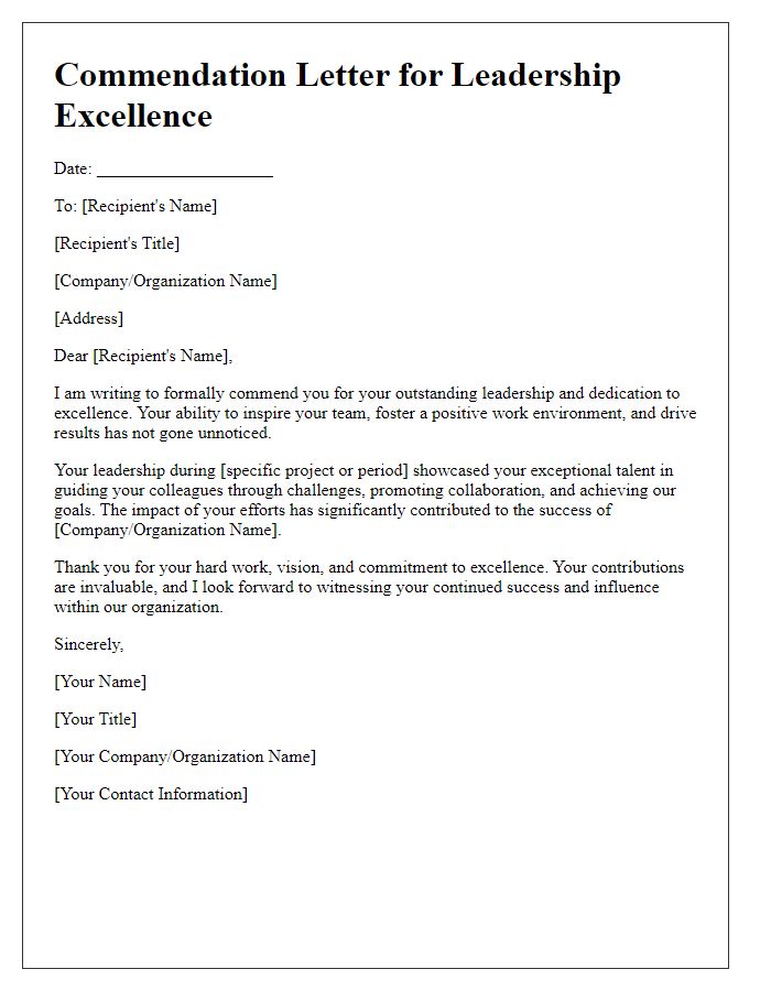 Letter template of commendation for leadership excellence