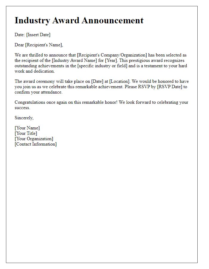 Letter template of industry award announcement