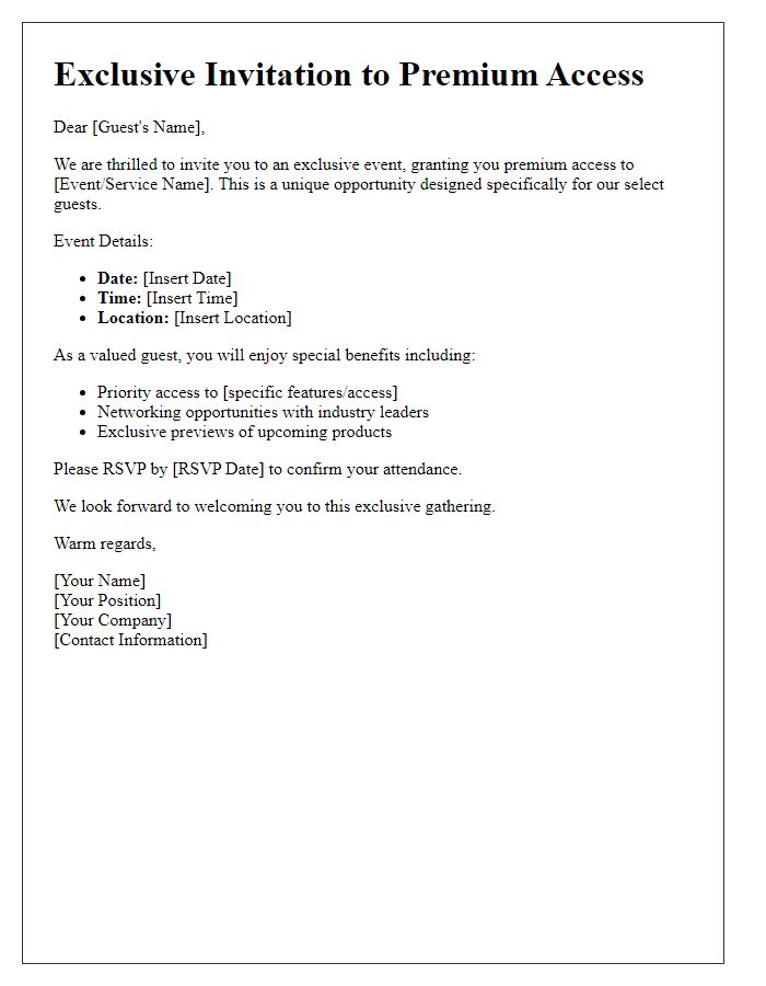 Letter template of premium access invitation for select guests