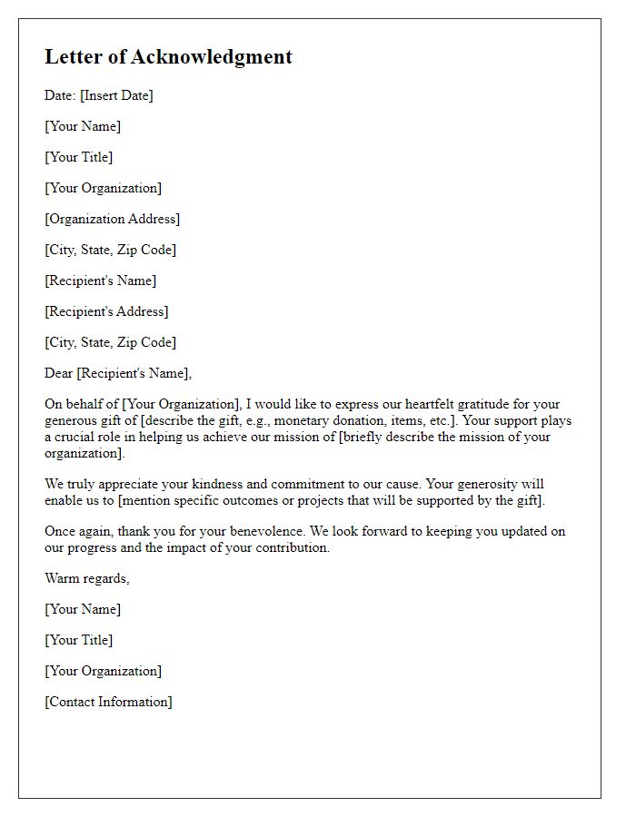 Letter template of acknowledgment for benevolent gifts