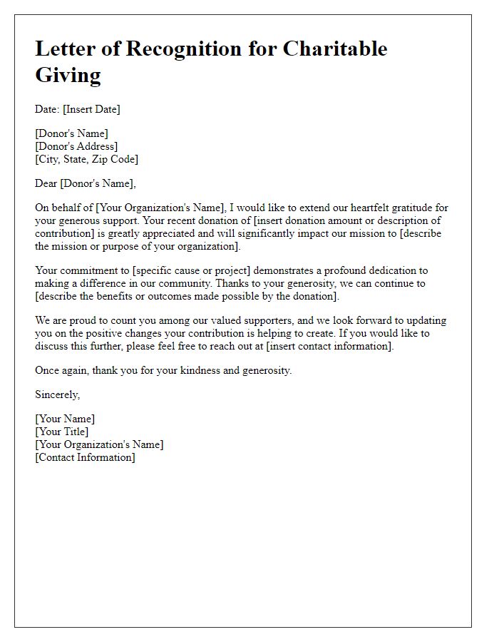 Letter template of recognition for charitable giving