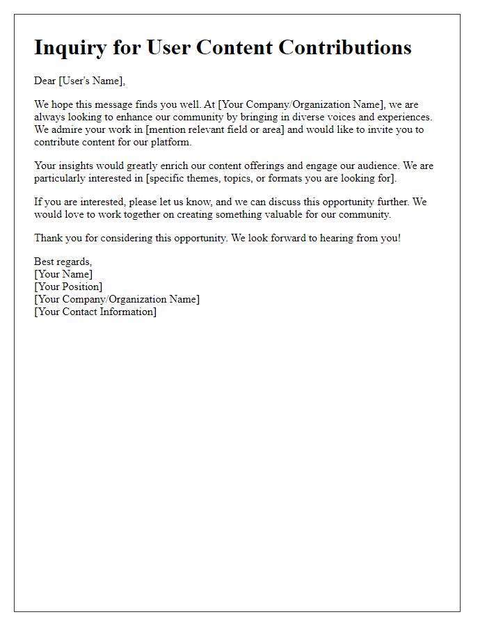 Letter template of inquiry for user content contributions