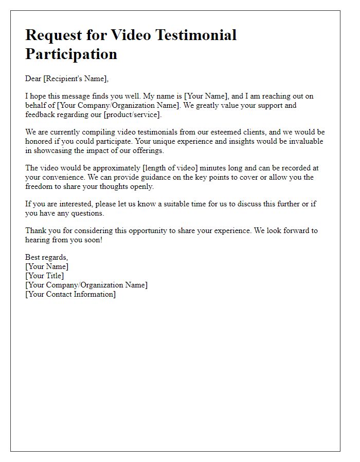 Letter template of a request for video testimonial participation.