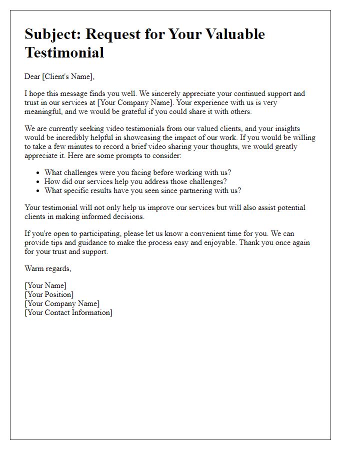 Letter template of a solicitation for a client video testimonial.