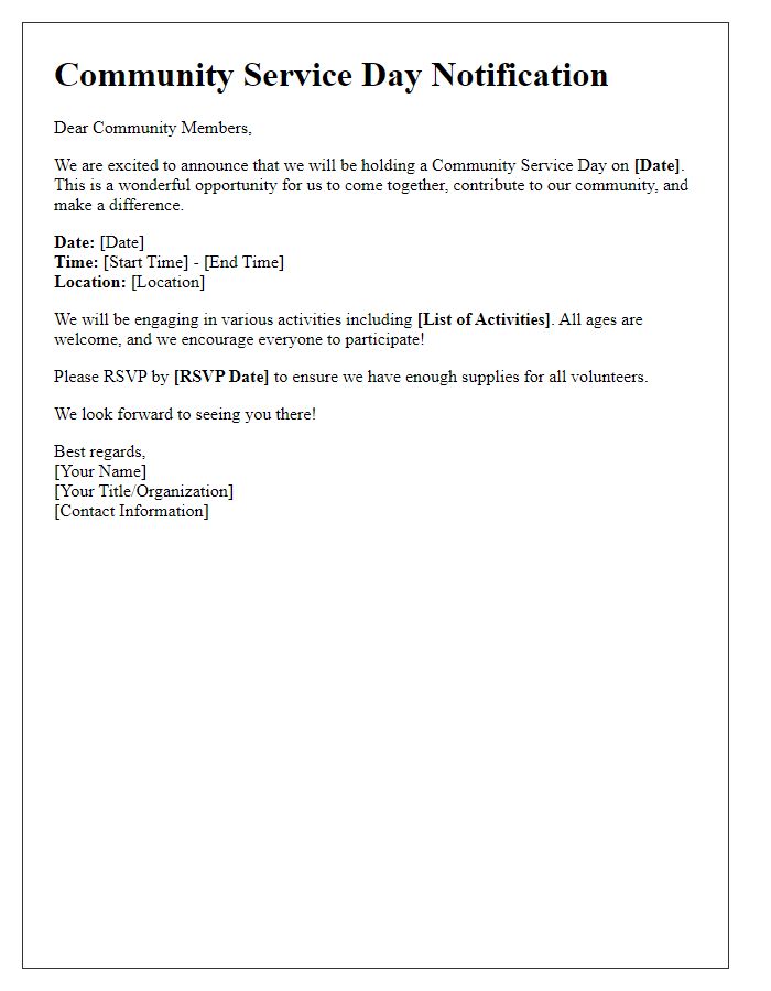 Letter template of notification for a community service day.