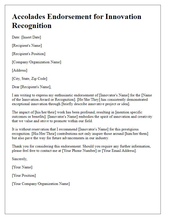 Letter template of accolades endorsement for innovation recognition