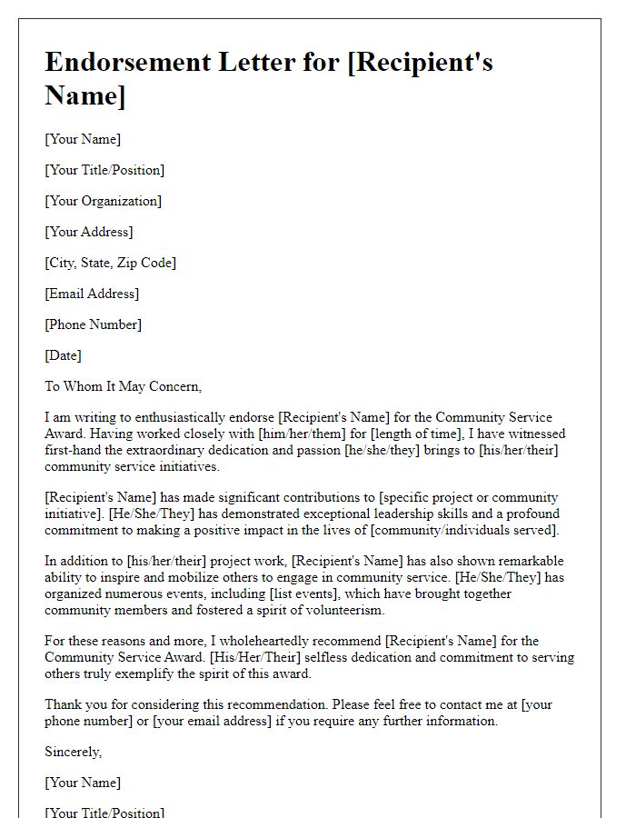 Letter template of endorsement for community service award