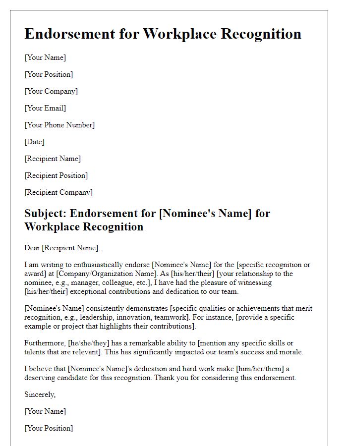 Letter template of endorsement for workplace recognition