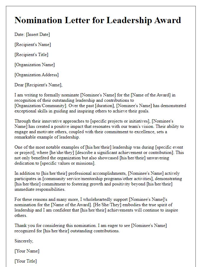 Letter template of nomination letter for leadership award