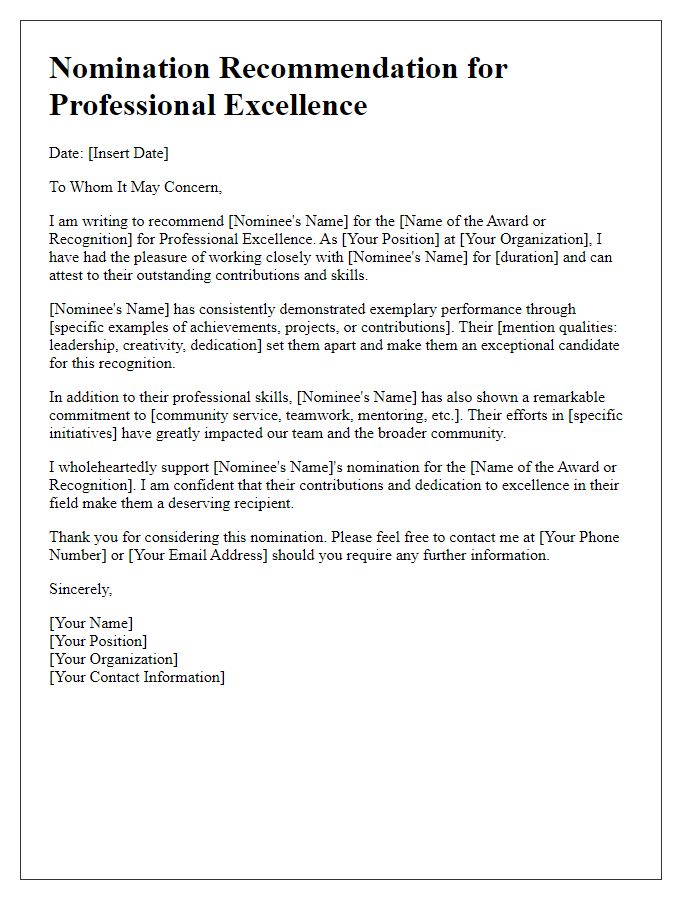 Letter template of nomination recommendation for professional excellence