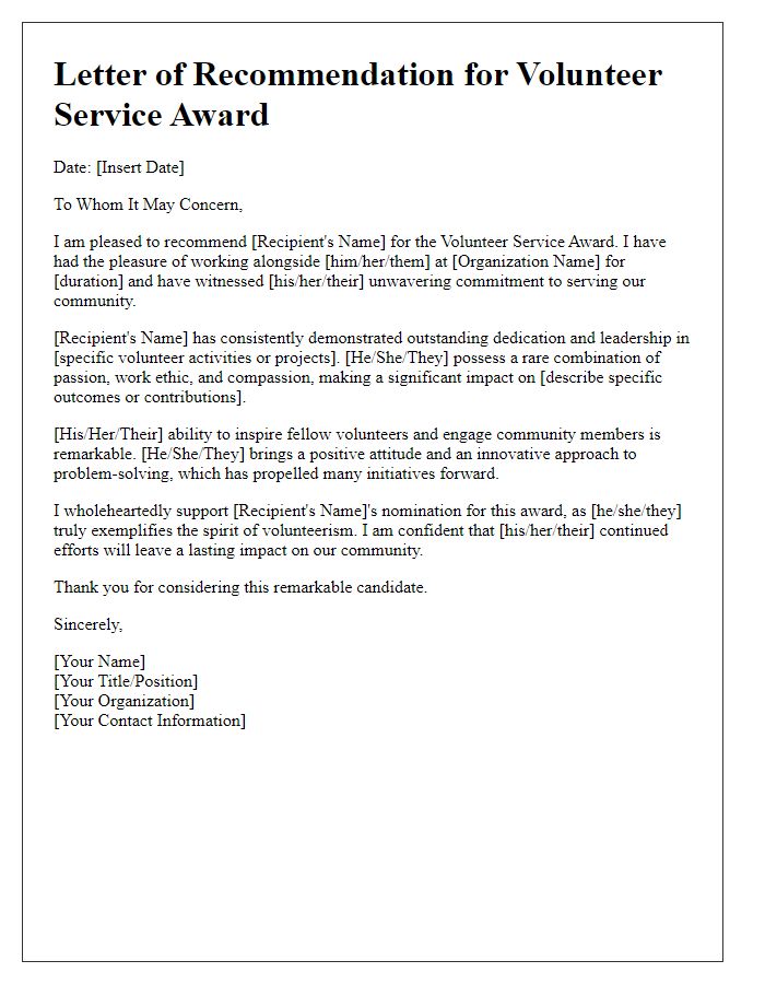 Letter template of recommendation for volunteer service award