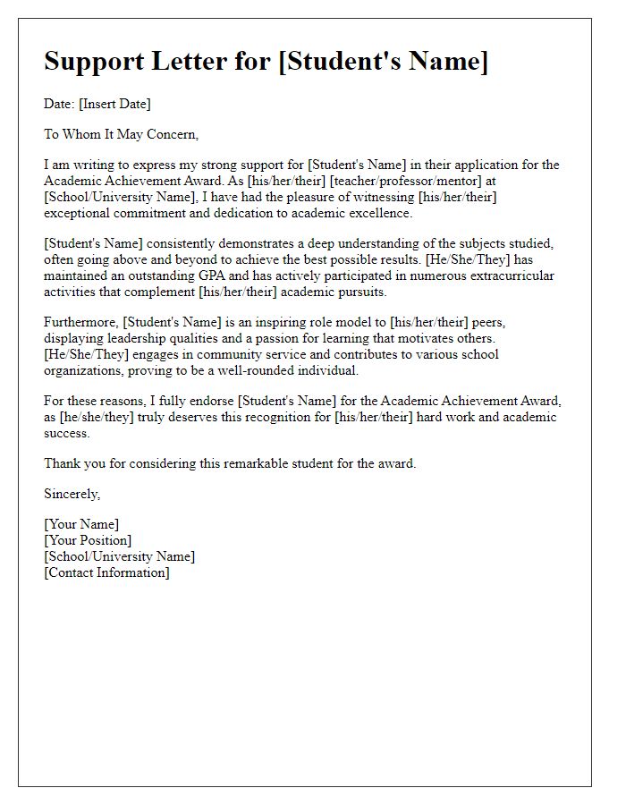 Letter template of support for academic achievement award