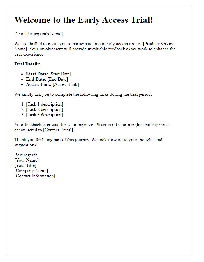 Letter template of early access trial for beta testing participants.