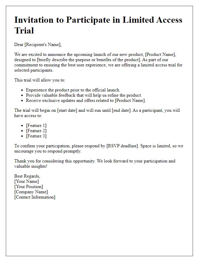 Letter template of limited access trial for new product launch.