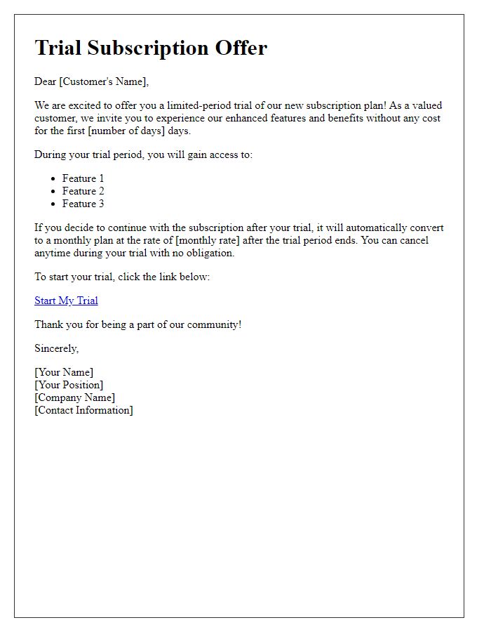 Letter template of limited-period trial for new subscription plan.