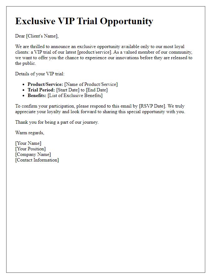 Letter template of VIP trial opportunity for loyal clients.