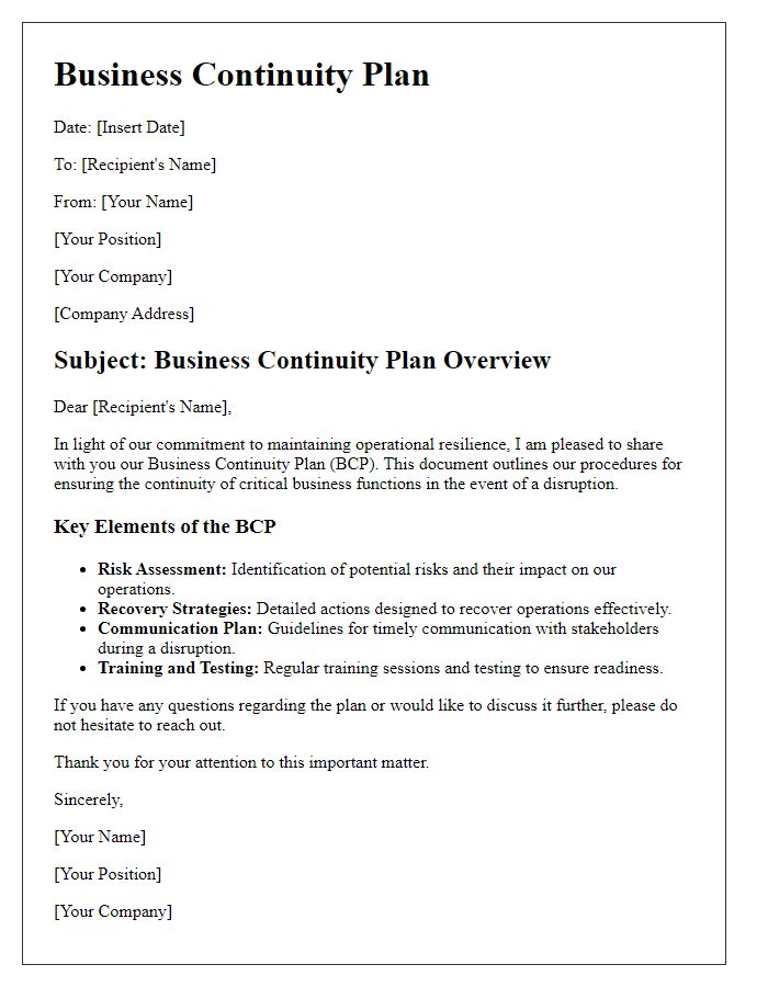 Letter template of business continuity plan