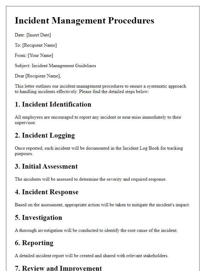 Letter template of incident management procedures