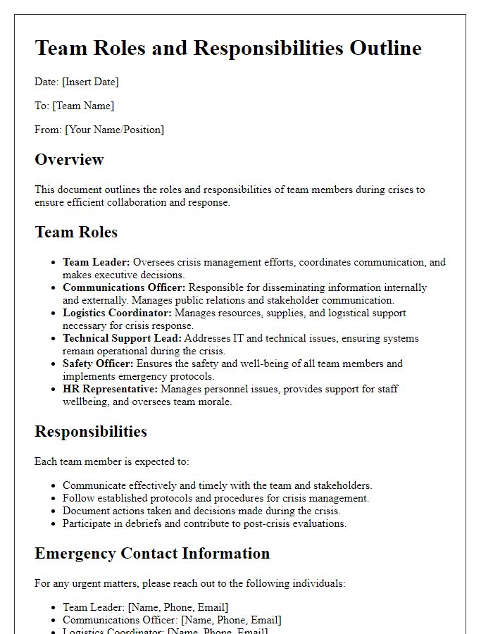 Letter template of team roles and responsibilities in crises